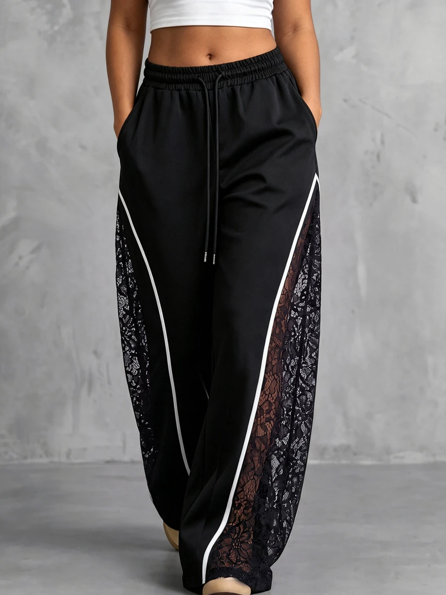 Velvienne Versatile Premium Contrast Lace Plus Size Women's Drawstring Waist Sweatpants - Black and White - View 1