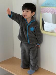 DAZY Infant/Toddler (Boy) Turn-Down Collar Fleece-Feel Autumn/Winter Color-Block 2 Pieces Loungewear Set - Dark Grey - View 9