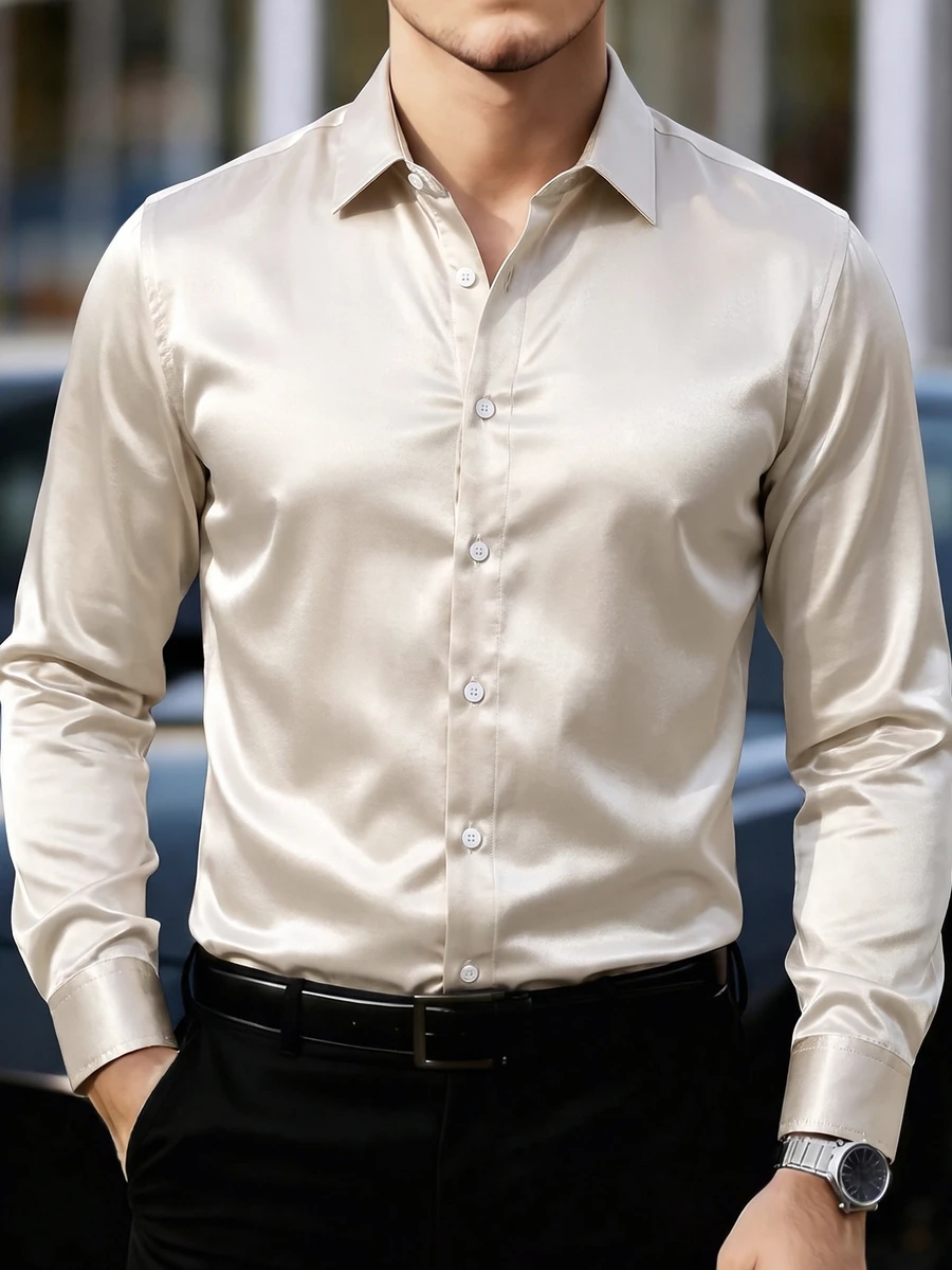 Manfinity Bizformal 1件男士襯衫，直條紋面料，通勤百搭，時尚舒適，男友禮物，丈夫禮物，週年紀念禮物 - 杏色 - 查看 1
