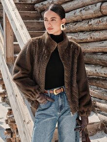 Anewsta European Women's Autumn/Winter Short Fur Coat, Faux Mink Fur, Dual-Color, Plush - Coffee Brown - View 6