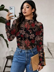 Travachic 大尺碼女款印花上衣，修身長袖網紗上衣 - 彩色 - 查看 8