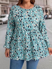 EMERY ROSE Plus Size Allover Print Round Neck Bell Sleeve Blouse Elegant Office Fall Winter 2026 - Mint Green - View 6