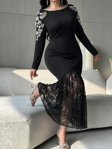 Feyla Plus Size Women's Lace Patchwork Elegant Waist-Cinched Party Dress - Black - View 7