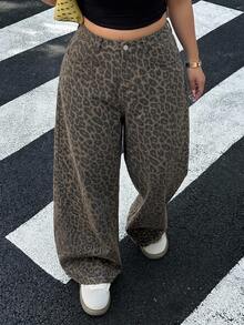 Livesso Dazy Plus Leopard Print Loose Street Style Long Plus Size Women's Jeans All Season - Khaki - View 2