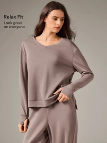 OutZeal Women Sports Sweatshirt Daily Casual Lounge Natural Soft Solid Color V Neck Long Sleeve T-Shirt - Brown - View 3