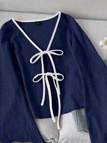 SHEIN LUNE Casual Women's Lace-Up Contrast Trim Knit Top - Navy Blue - View 5
