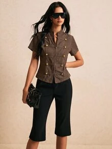 Poéselle Women's Short Sleeve Zip-Up Napoleon Denim Jacket - Brown - View 7