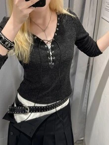 FRIFUL Women's Solid Color Tie-Front Design Slim Fit Versatile Everyday Long Sleeve T-Shirt Halloween Night Going Out Black Autumn Goth - Grey - View 3