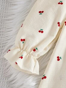 SHEIN Young Girl Young Girl Young Girl Woven Solid Color Cherry Print Ruffle Hem 3D Contrast Color Bow Dress - Apricot - View 3