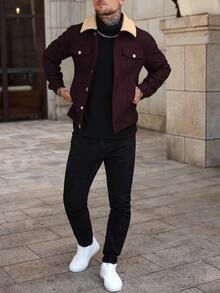 Manfinity CasualCool Men's Colorblock Casual Daily Wear Overcoat - Burgundy - View 5