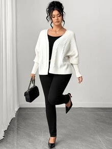 SHEIN Elenzya Women's Autumn New Single Piece Rope Pattern Sleeve Tight Design Loose Short Versatile Solid Color Daily Commute Knit Cardigan Sweater Plus Size - Beige - View 6