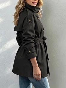 SHEIN Classic Women's Short Windbreaker, Perfect For Office Wear In Autumn And Winter Or As An Outer Layer - Black - View 2