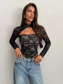 Aloruh Women's Semi-High Neck Hollow Lace Patchwork Long Sleeve Boning Top - Black - View 7