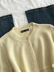 Sweetra Cream Yellow Round Neck Single-Breasted Hollow Cable Knit Women's Cardigan - Light Yellow - View 4