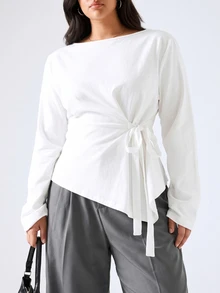LYSMO Plus Size Solid Color Side Pocket Asymmetrical Hem Long Sleeve T-Shirt - White - View 5
