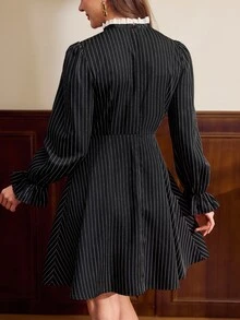 Vintamour Women's Bow Decor Patchwork Striped Ruffle Cuff Elegant Short Dress - Black - View 2