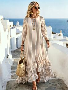 SHEIN Women Striped Round Neck 3/4 Sleeve Maxi Dress, Asymmetrical Ruffle Hem Loose Fit Casual Long Dress For Daily Vacation - Multicolor - View 7