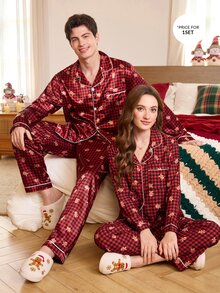 CoupledUp طقم بيجامة رجالي بأكمام طويلة وبنطال مع قميص بأزرار وياقة بطبعة رجل الزنجبيل والكاروهات لعيد الميلاد - الأحمر - مشاهدة 1