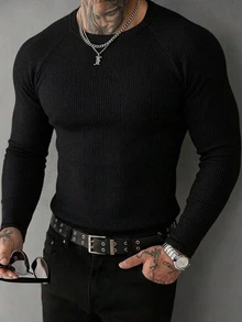 DAZY Spring/Autumn Black Slim Fit Raglan Sleeve Crew Neck Ribbed Elastic Knit Fabric Streetwear Men's T-Shirt - Black - View 2