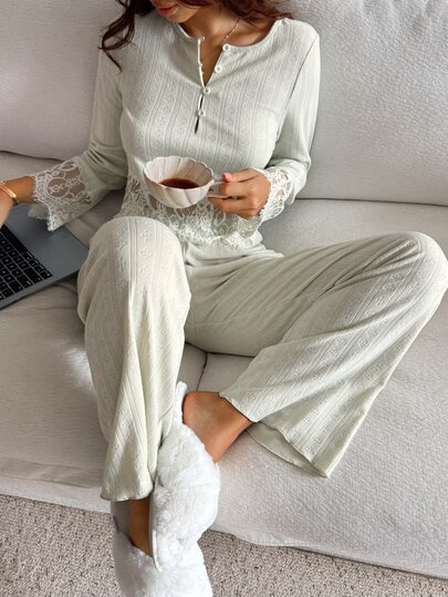 DAZY Women's Lace Patchwork Long Sleeve Top And Pants Casual Daily Home Sleepwear Set