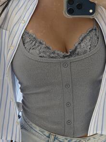 DAZY Women's Grey Square Neck Lace Trim Button Ribbed Fitted Sleeveless Versatile Camisole - White - View 3