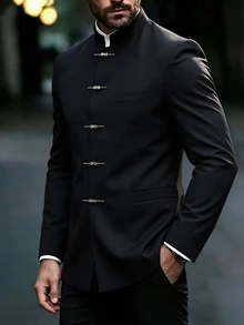 Manfinity AFTRDRK 男士優雅派對純色立領單排扣黑色西裝外套，完美的節日禮物選擇 - 黑色 - 查看 6