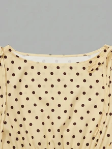 Blus Anak Perempuan Remaja Motif Polkadot Cokelat Musim Gugur dengan Pinggang Berkerut, Model Lucu untuk Sekolah - Kuning - View 4