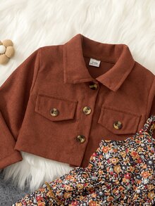 SHEIN Vintaside Kids 女嬰幼兒燈芯絨夾克與花朵細肩帶洋裝 2 件套，上衣：燈芯絨短款長袖夾克配翻領；內搭： - 棕色 - 查看 8