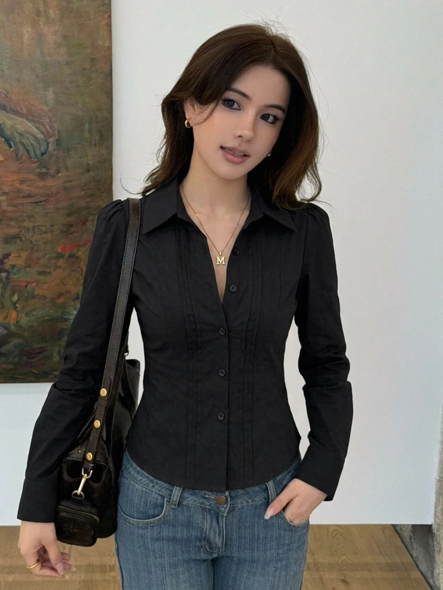 DAZY 純色翻領修身短袖白色女款襯衫 - 黑色 - 查看 1