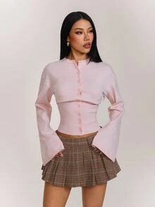 SHEIN PETITE Cardigan Wanita Elegan Warna Polos dengan Pinggang yang Diikat dan Kancing Depan, Lengan Panjang - Baby Pink - View 3