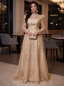 Auveirra فستان أنيق للنساء بمقاس كبير مزين بتطريزات وأكمام طويلة منتفخة وياقة مربعة - بيج - مشاهدة 10