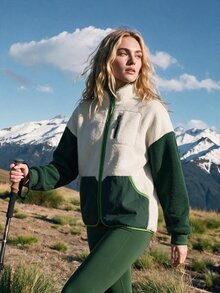 WanderVale Women's Outdoor Thermal Lined Colorblock Zip-Up Jacket - Dark Green - View 5