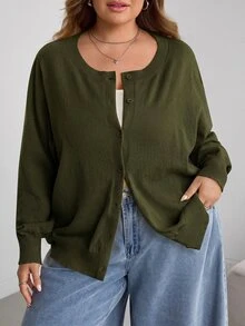 SHEIN CURVE+ 大尺碼休閒純色圓領長袖寬鬆女款上衣 - 軍綠色 - 查看 9