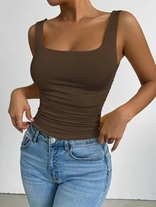 SHEIN PETITE 女款酒紅色方領寬肩帶抓皺修身短版背心，適合日常通勤、音樂節、約會之夜、海灘度假、開學季、休閒購物、酒吧聚會、居家懶散穿搭 - 咖啡棕 - 查看 7