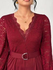 Elenzga Plus Size French Style V-Neck Lace Patchwork Hollow Lantern Sleeve Waist Belt Wide Leg Jumpsuit - Burgundy - View 6