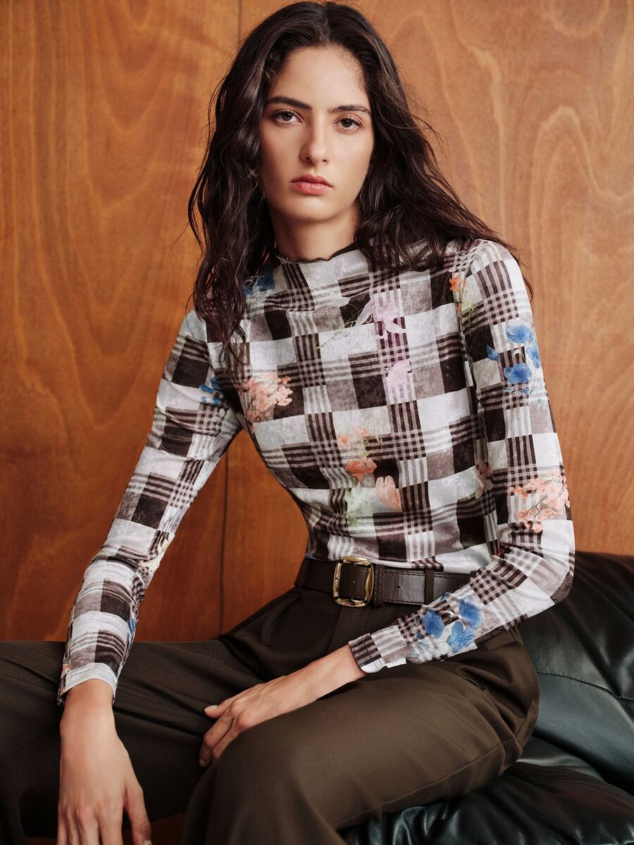 Anewsta White And Black Floral Print Vintage Plaid Slim Fit Long Sleeve Women's T-Shirt Brunch Fall Elegant - Brown - View 1