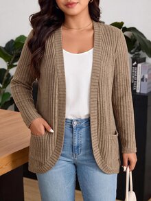 SHEIN LUNE CURVE Plus Size Buttonless Ribbed Knit Cardigan Women, Loose Fit With Pockets Long Sleeve Outerwear Casual Commute Slimming Soft Knit Jacket - Camel - View 1