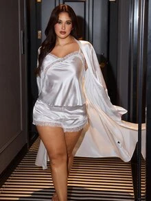 SilkySpell White Lace Patchwork Sexy Camisole Shorts Nightgown 3 Pieces Set For Plus Size Women - White - View 4
