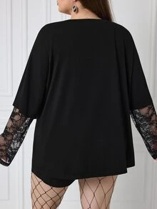 SHEIN CURVE+ 女款大尺碼秋季街頭休閒嬉皮學院龐克哥德風純棉印花寬鬆2合1蕾絲黑色長袖T恤，萬聖節裝扮適用5XL-8XL - 黑色 - 查看 3