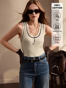 SHEIN Women's U-Neck Fitted Sleeveless Knitted Top, Ribbed Contrast Color Spring/Summer Top, Beige/Apricot Slimming Elastic Knitted Top, Minimalist Commute Versatile French Style Solid Color Tight-Fitting Base Layer Knitted Top - Apricot - View 5