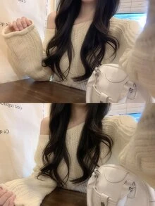 DAZY 女款純色寬鬆不對稱肩長袖麻花針織休閒度假韓風百搭秋冬針織毛衣 - 杏色 - 查看 5