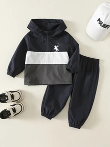 SHEIN 2件組男嬰秋冬拼接色連帽長袖套頭衛衣與鬆緊腰長褲套裝，嬰兒幼兒藍色套裝 - 彩色 - 查看 1