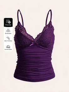 SHEIN ICON 對比色蕾絲抓皺 Y2K 細肩帶背心上衣 - 紫色 - 查看 1