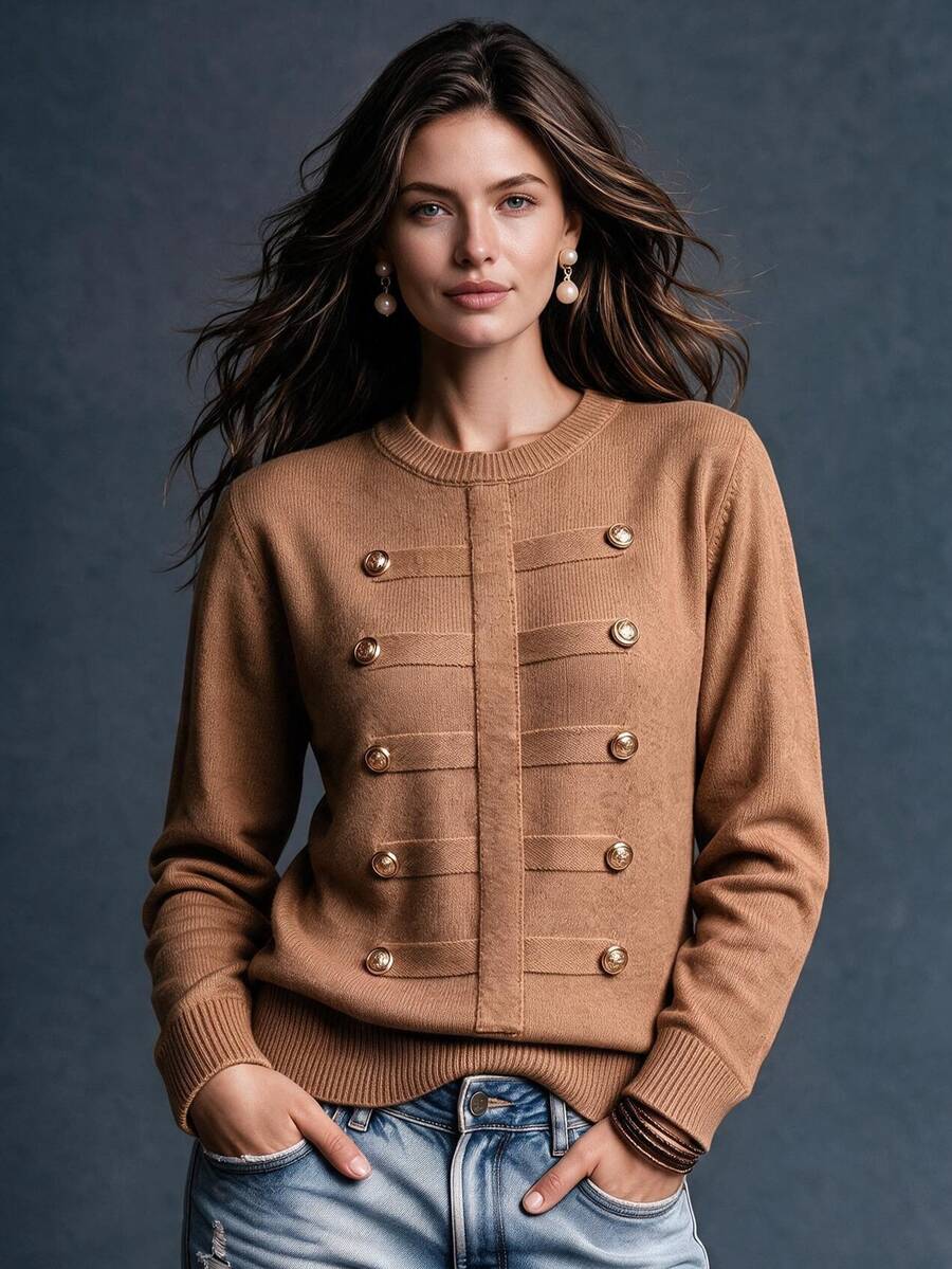 Trelyra Women's Solid Color Casual Daily Long Sleeve Sweater - Coffee Brown - View 1