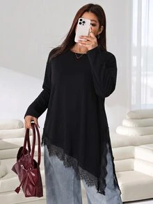 Solflare Plus Size Women Solid Color Round Neck Asymmetrical Hem Contrast Lace Casual Loose Long Sleeve T-Shirt - Black - View 4