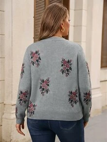 EMERY ROSE Plus Size Women's New Fashion Printed Thin Knit Cardigan, Casual Versatile Lightweight Jacket For Spring And Autumn - Grey - View 4