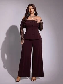 Viva Relle Setelan 2 Potong Wanita Ukuran Plus Vintage Merah Cokelat dengan Patchwork Renda, Atasan Pendek Berkerah Kancing Tunggal dengan Lengan Berumbai dan Celana Panjang Lebar, Musim Gugur/Dingin - Red Violet - View 4
