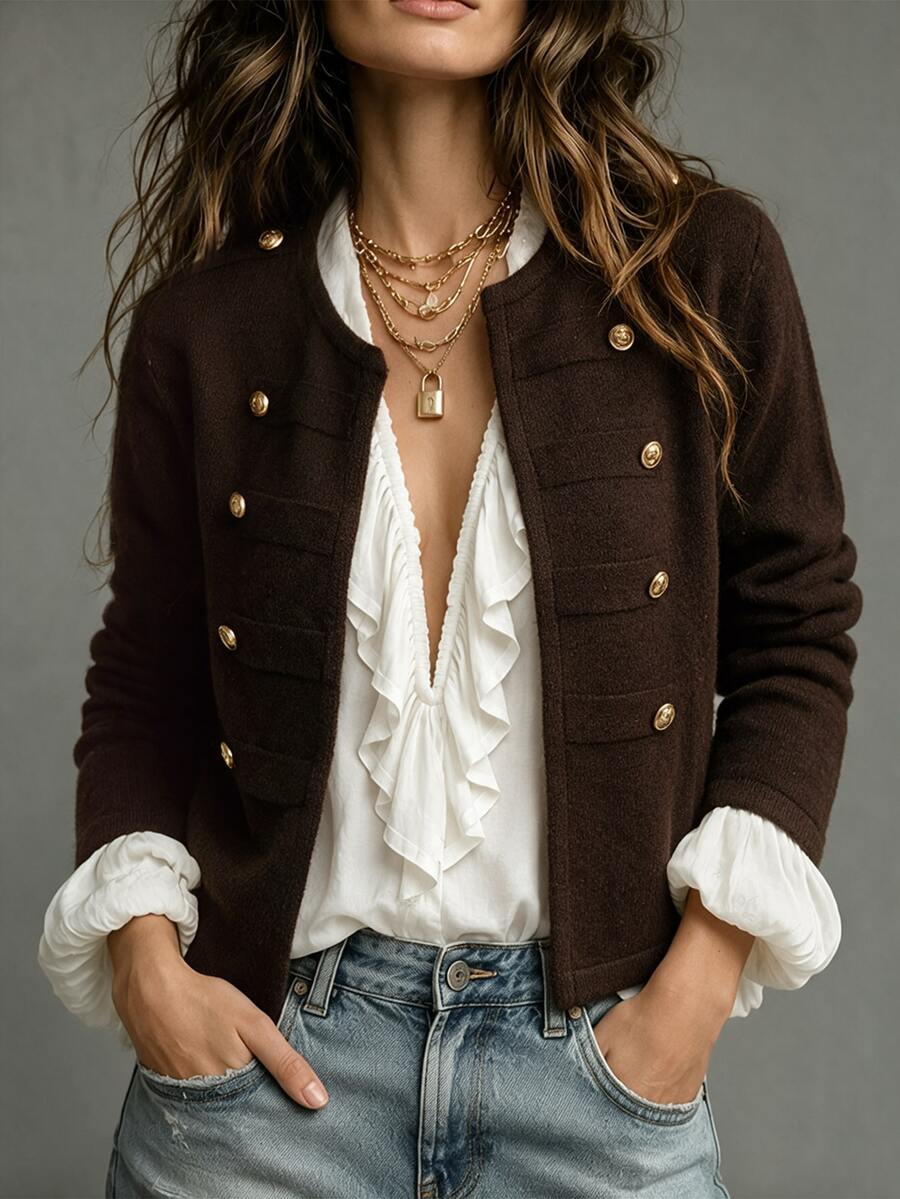 SHEIN جاكيت محبوك قصير بياقة دائرية مزين بأزرار ذهبية وأكمام طويلة، كارديجان محبوك بلون موحد للنساء - قهوة بني - مشاهدة 1