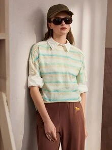 Nima Coro Kaos Kasual Serbaguna Wanita Lengan Pendek Leher Bulat Motif Garis-garis untuk Musim Panas - Mint Green - View 5