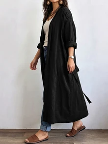 Linhara CURVE Jaket Linen Panjang Kasual Wanita, Pakaian Luar Kasual untuk Jalan-jalan dan Berpergian - Hitam - View 5